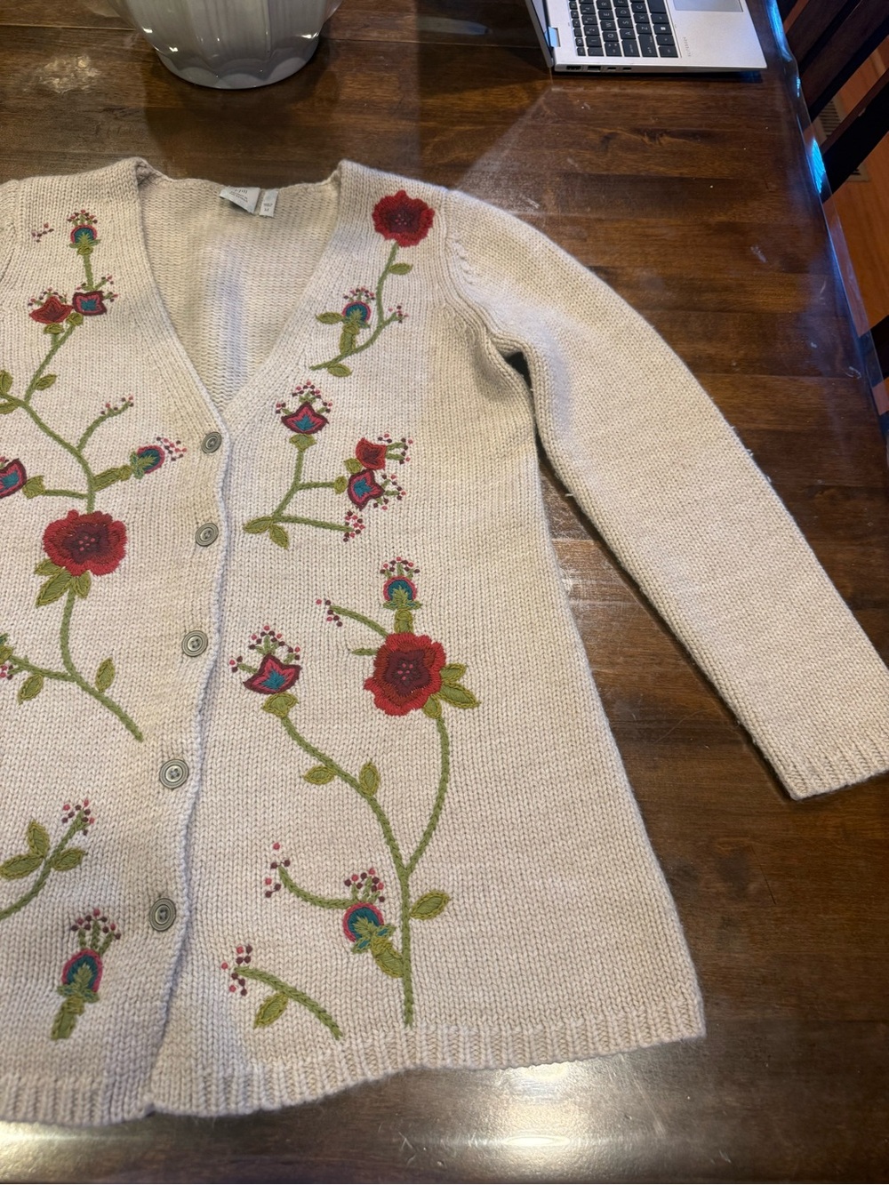J. Jill Cream Cardigan with embroidered flowers and buttons - size M - Picture 4 of 10